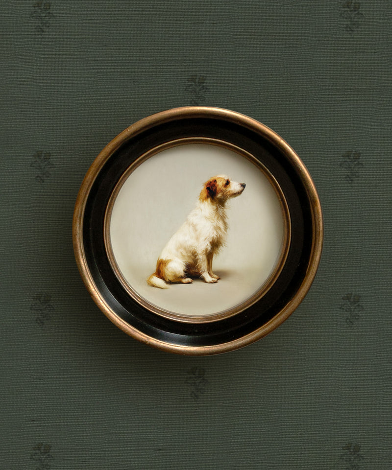 Small wall art painting of a long haired jack russell terrier dog in a round vintage style frame