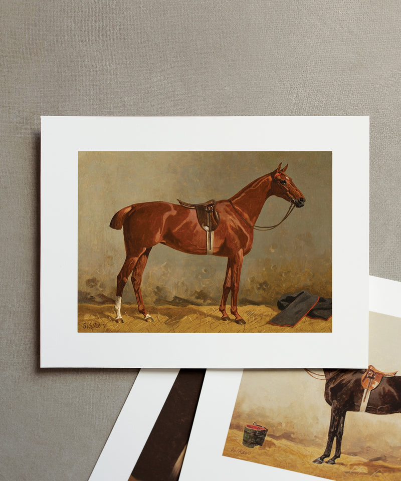Vintage equestrian horse painting of a chestnut in a stable